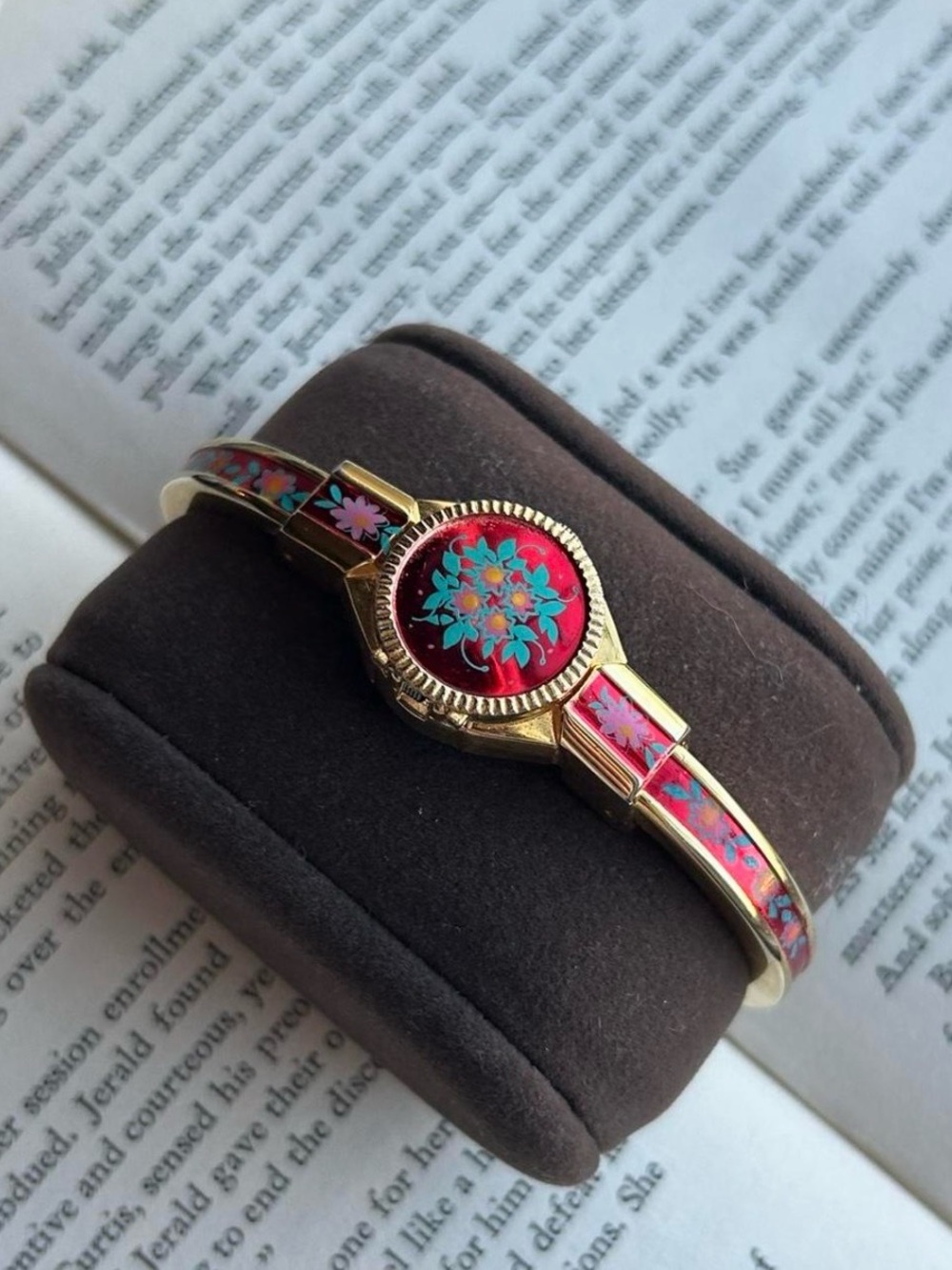 Vintage Gold-Tone Red Floral Enamel Watch